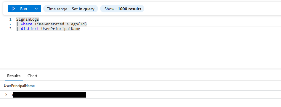 Query result showing only one distinct UserPrincipalName in the tenant
