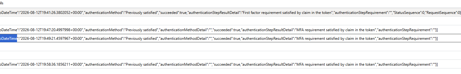 Expanded AuthenticationDetails JSON showing MFA requirement satisfied by claim in the token across GB and NL sign-ins
