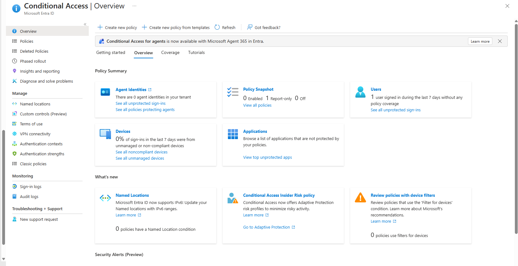 Conditional Access overview showing 0 enabled, 1 Report-only, 0 Named Location conditions