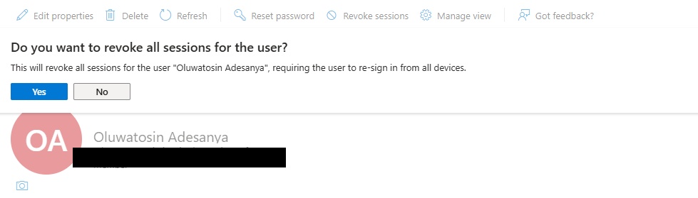 Confirmation dialog for revoking all sessions for the user in Entra ID