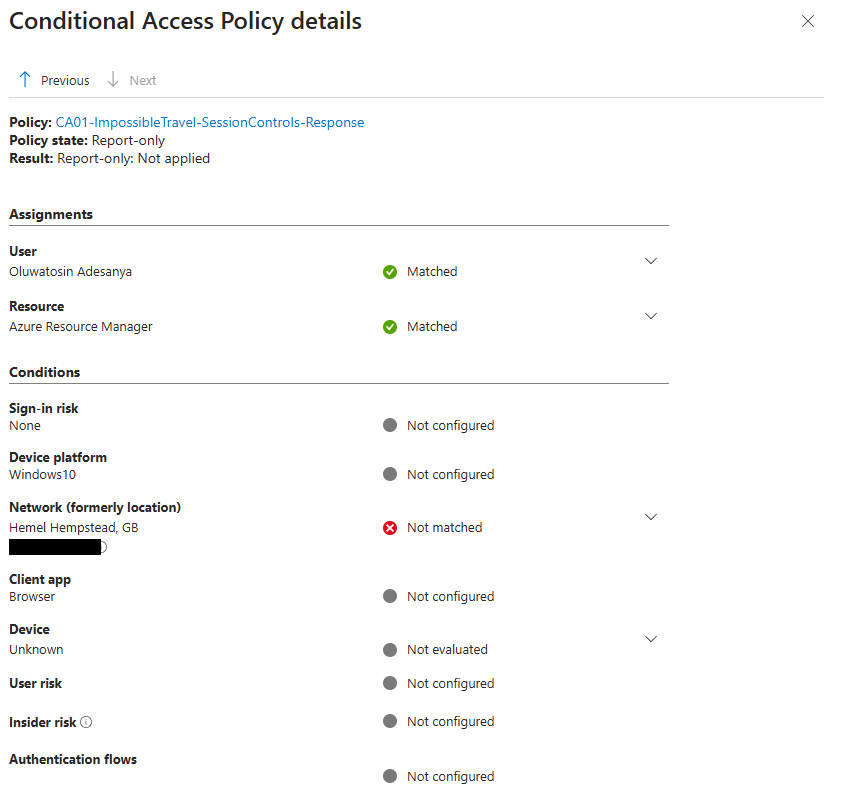 Conditional Access policy details showing Network: Not matched for a GB sign-in