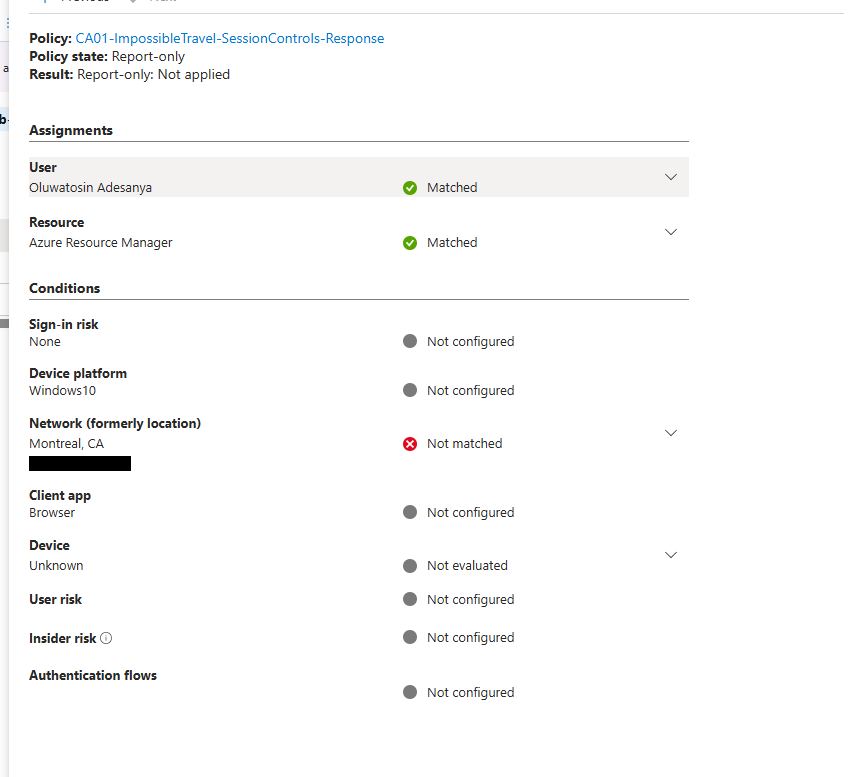 Conditional Access policy details showing Network: Not matched for a foreign CA sign-in