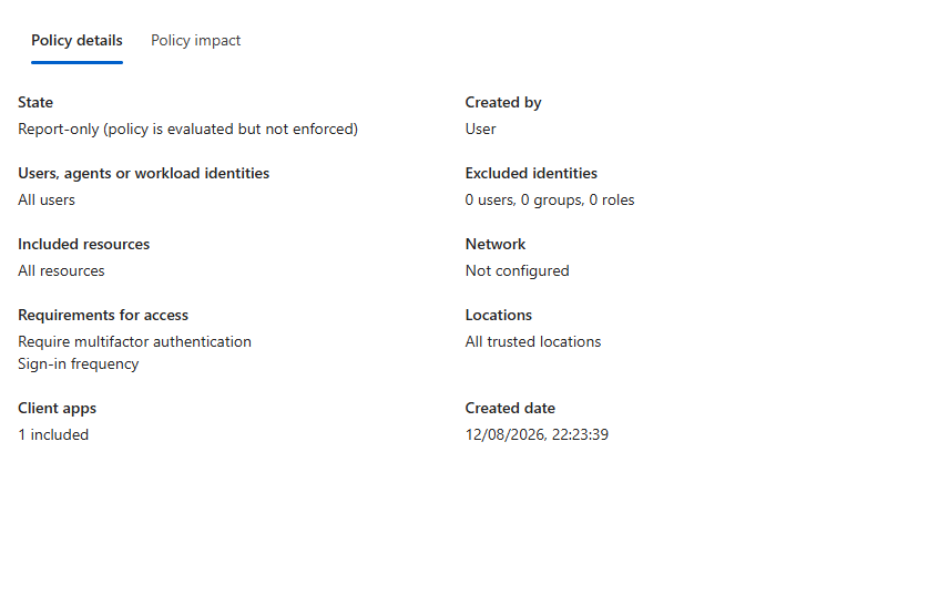Policy details showing Locations set to All trusted locations under Include