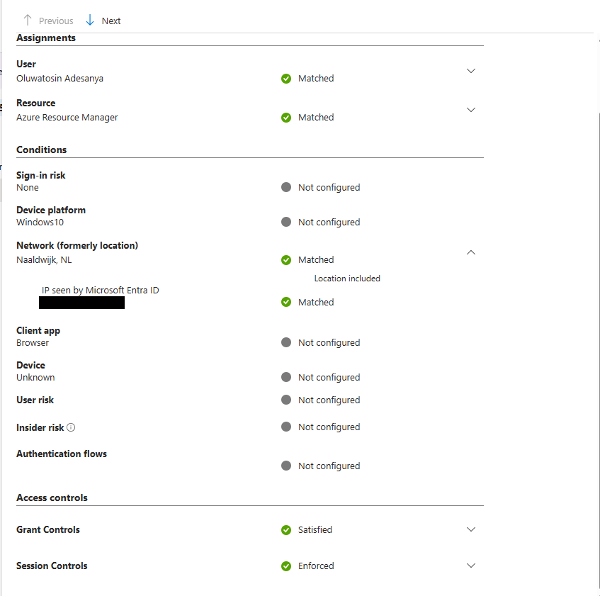 Policy details showing Network: Matched, Grant Controls: Satisfied, Session Controls: Enforced for an NL sign-in