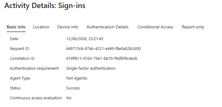 Sign-in log entry showing a successful GB sign-in timestamped after the policy was enabled
