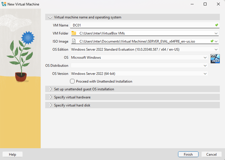 VirtualBox new VM wizard showing DC01 being created with Windows Server 2022 ISO selected