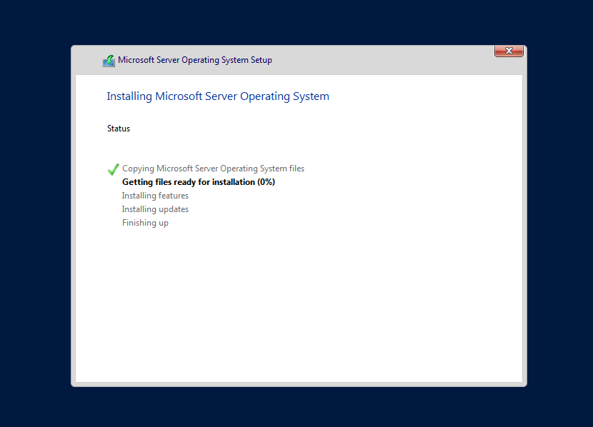 Windows Server installation in progress — copying files and getting ready for installation