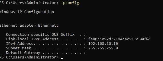 ipconfig output on DC01 showing IPv4 address 192.168.10.10, subnet mask 255.255.255.0