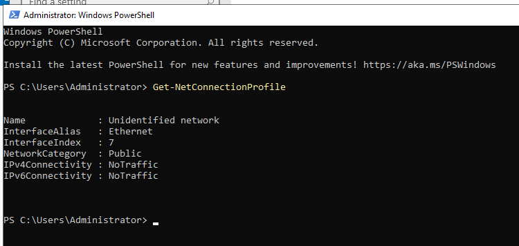 PowerShell output showing Get-NetConnectionProfile: NetworkCategory is Public, IPv4Connectivity is NoTraffic