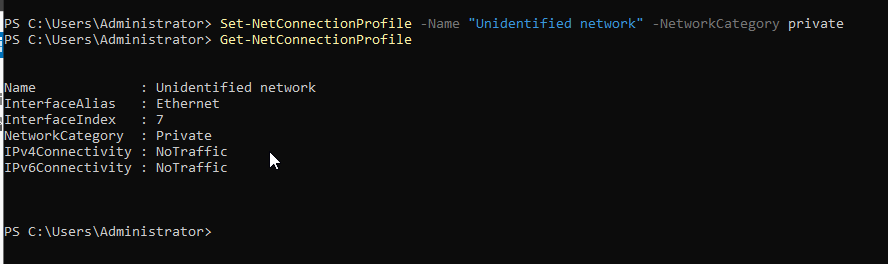 PowerShell output showing Set-NetConnectionProfile command followed by Get-NetConnectionProfile confirming NetworkCategory is now Private
