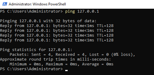 PowerShell ping to 127.0.0.1 showing 4 replies with 0% packet loss