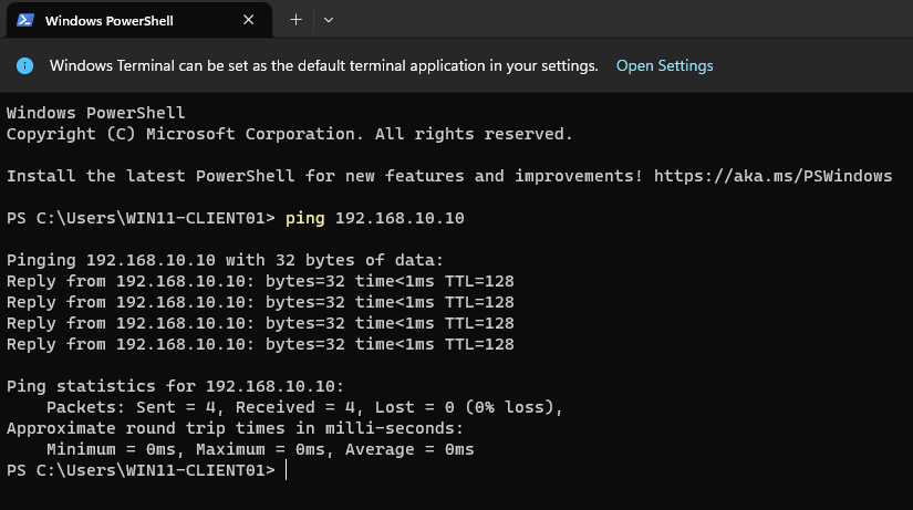 PowerShell on WIN11-CLIENT01 pinging 192.168.10.10 — 4 replies, 0% packet loss