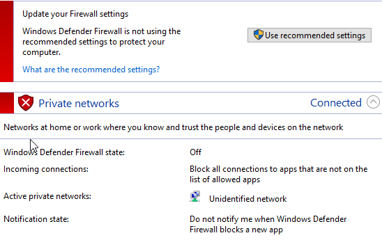 Windows Defender Firewall settings showing Private networks connected, Firewall state Off for the private profile