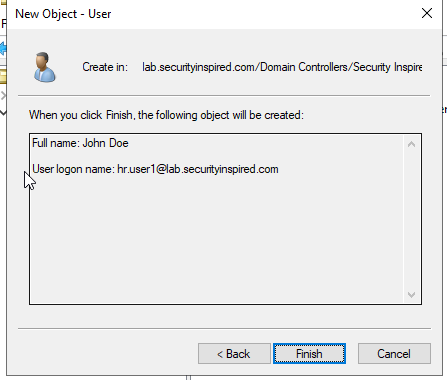 New Object - User confirmation screen showing full name John Doe and logon name hr.user1@lab.securityinspired.com