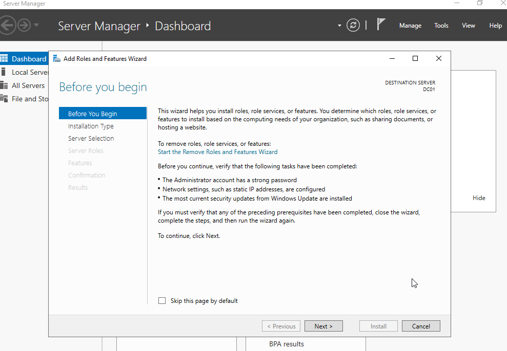 Server Manager Add Roles and Features Wizard open on DC01