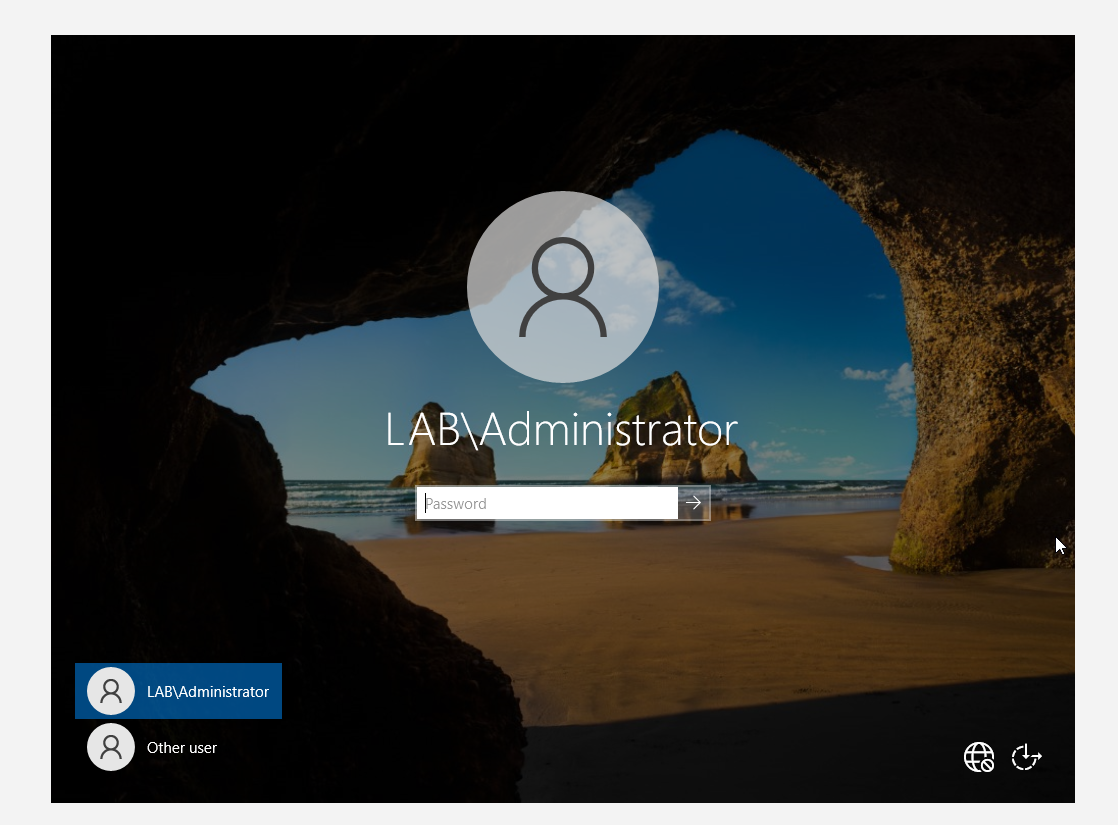 Windows login screen after DC promotion showing LAB\Administrator account