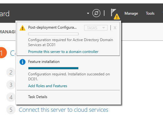 Server Manager dashboard showing post-deployment notification to promote server to domain controller