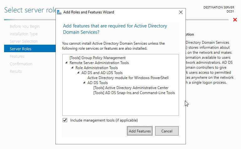 Add features prompt for AD DS showing required management tools including Group Policy Management and AD DS Tools