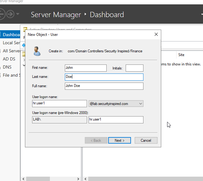New Object - User dialog showing John Doe being created with logon name hr.user1 in the Finance OU