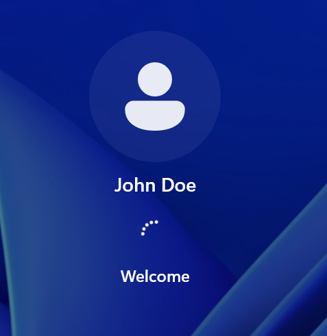 Windows 11 Welcome screen showing John Doe logging in successfully