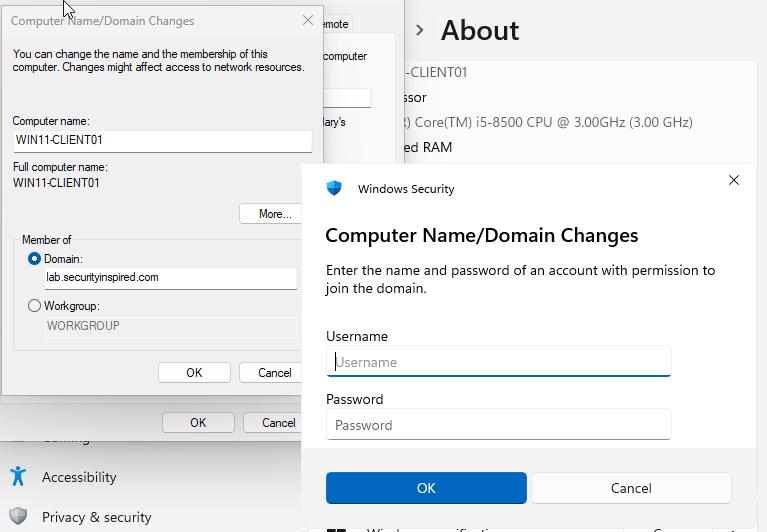 Computer Name/Domain Changes dialog on WIN11-CLIENT01 showing lab.securityinspired.com in the Domain field, with Windows Security credential prompt