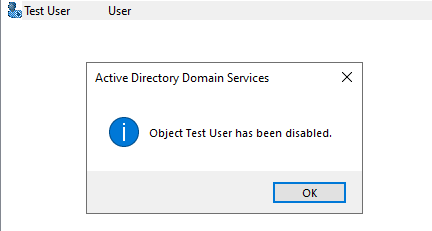 ADUC confirmation — Object Test User has been disabled