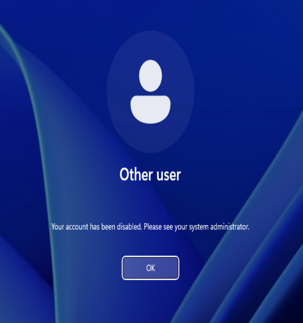 Windows login screen — account disabled error