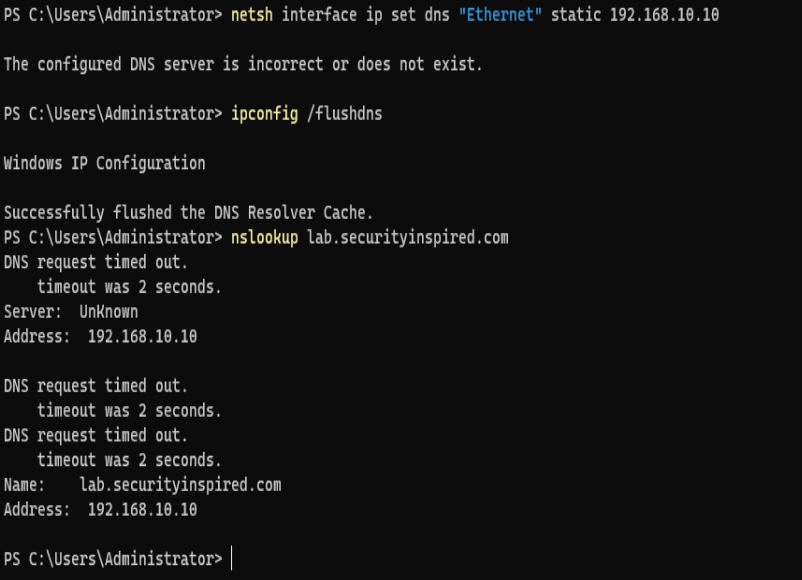 DNS restored — nslookup resolving correctly after cache flush