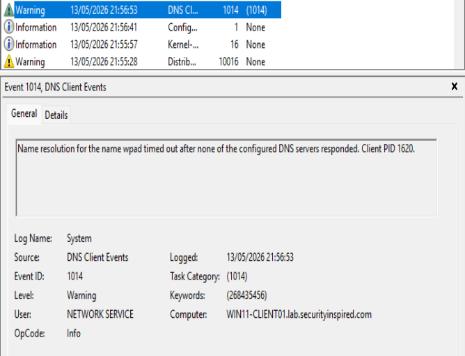 Event ID 1014 — DNS Client Events, name resolution timed out