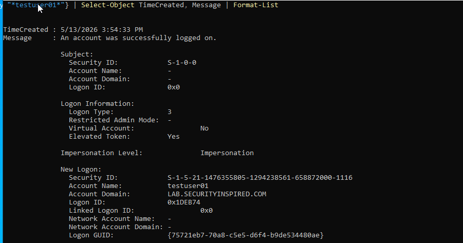 Event 4624 — testuser01 successfully logged on