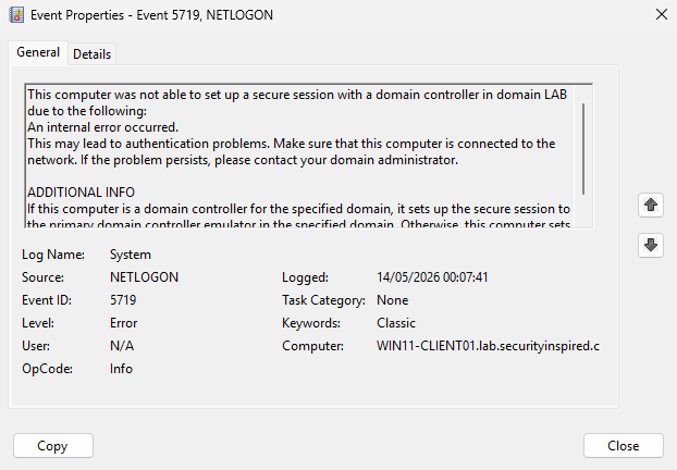 Event ID 5719 — NETLOGON secure channel failure