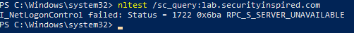 nltest returning error 1722 RPC_S_SERVER_UNAVAILABLE