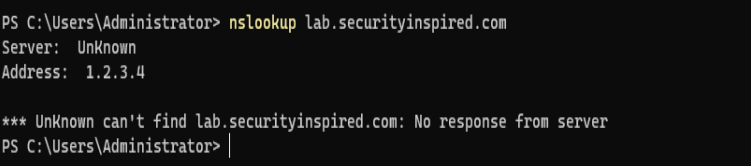 nslookup failing — no response from server