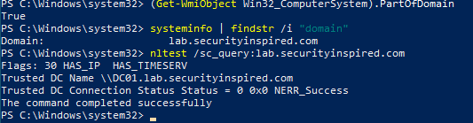 PartOfDomain True, domain confirmed, nltest NERR_Success