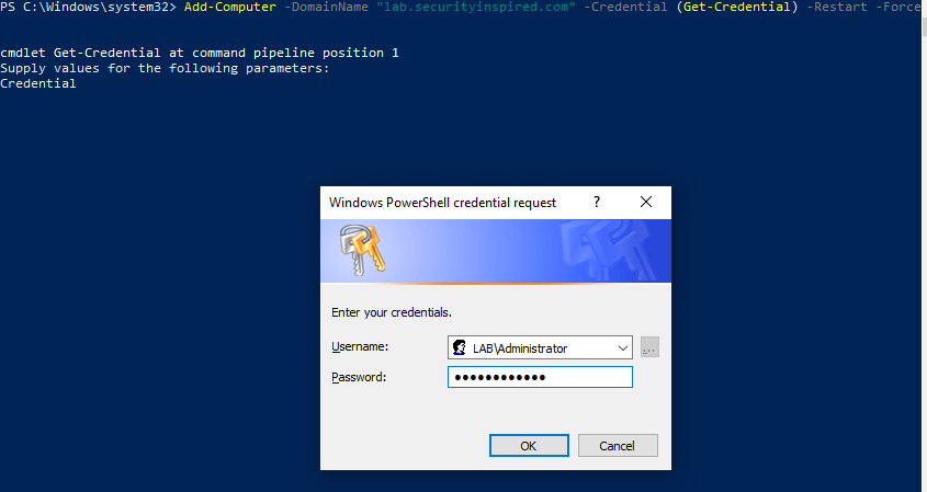 Add-Computer prompting for LAB\Administrator credentials