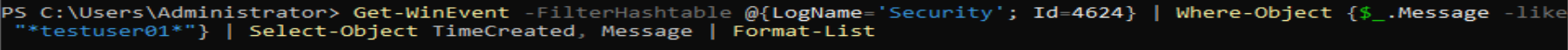 PowerShell Get-WinEvent query for testuser01 4624 events