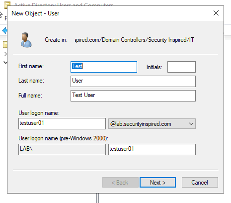 New user testuser01 created in ADUC
