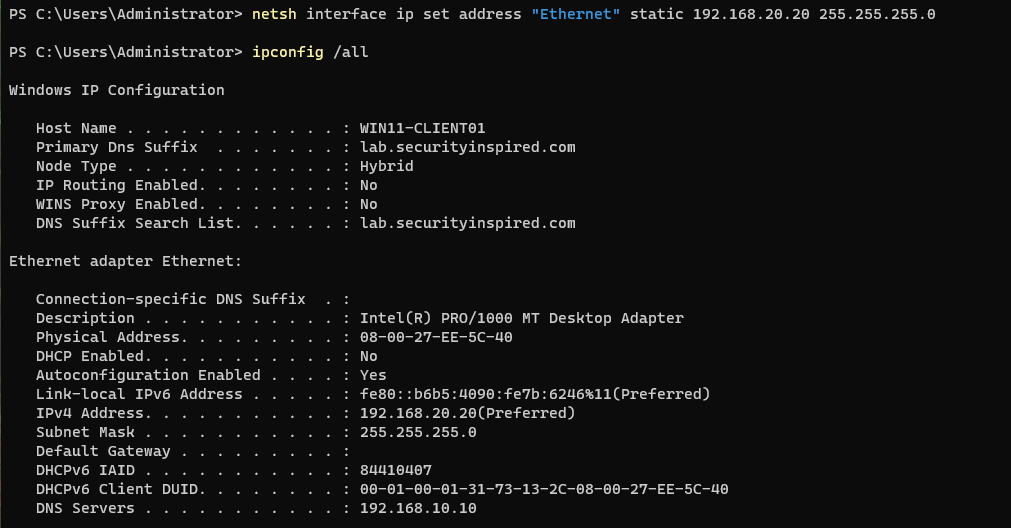 ipconfig /all — client now on 192.168.20.20, wrong subnet