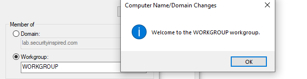 System Properties confirmation — Welcome to the WORKGROUP workgroup